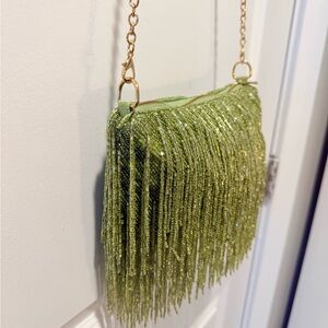 Green Beaded Fringe EVENING BAG.. long gold chain